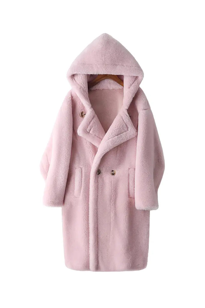 Fibflx Women's Long Double Breasted Faux Shearling Teddy Coat with Hood