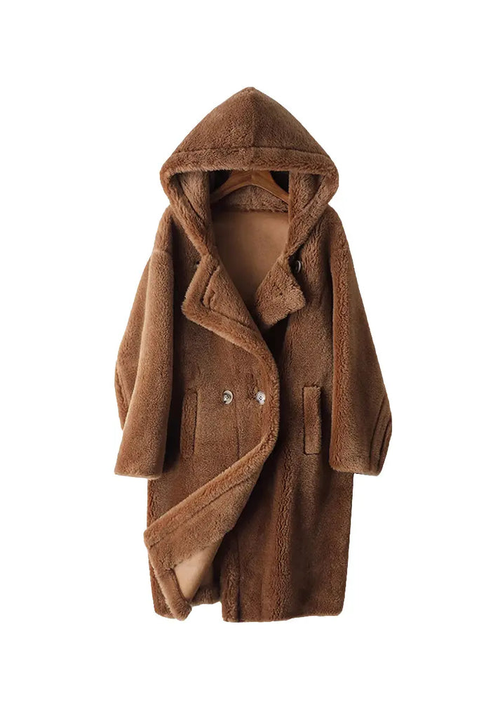 Fibflx Women's Long Double Breasted Faux Shearling Teddy Coat with Hood