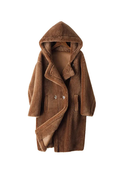 Fibflx Women's Long Double Breasted Faux Shearling Teddy Coat with
