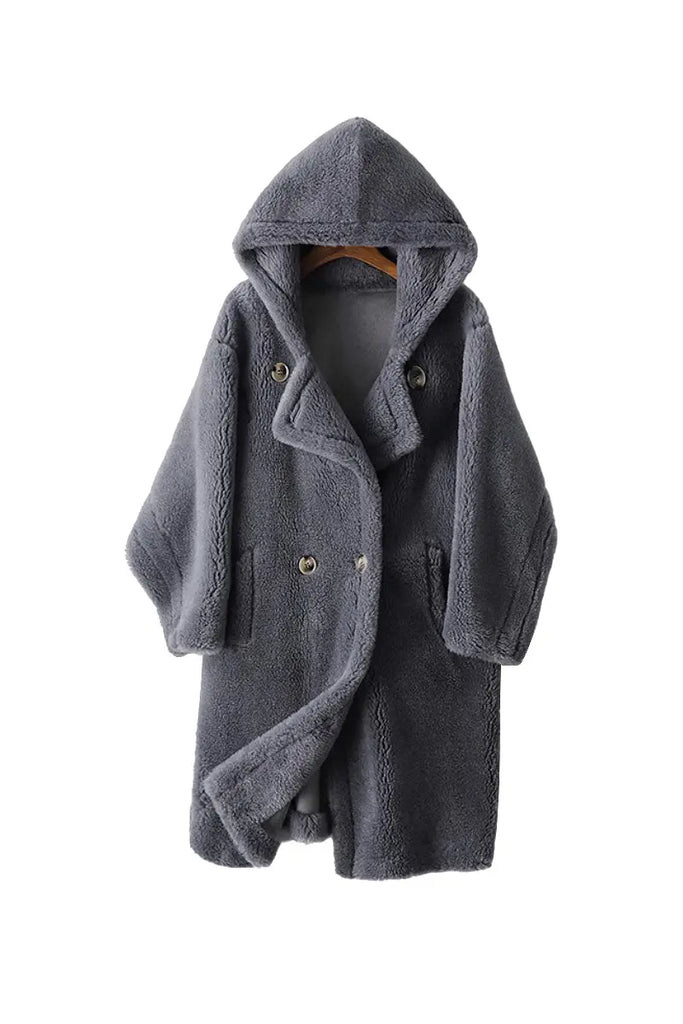 Fibflx Women's Long Double Breasted Faux Shearling Teddy Coat with Hood