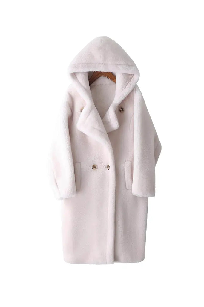 Fibflx Women's Long Double Breasted Faux Shearling Teddy Coat with Hood