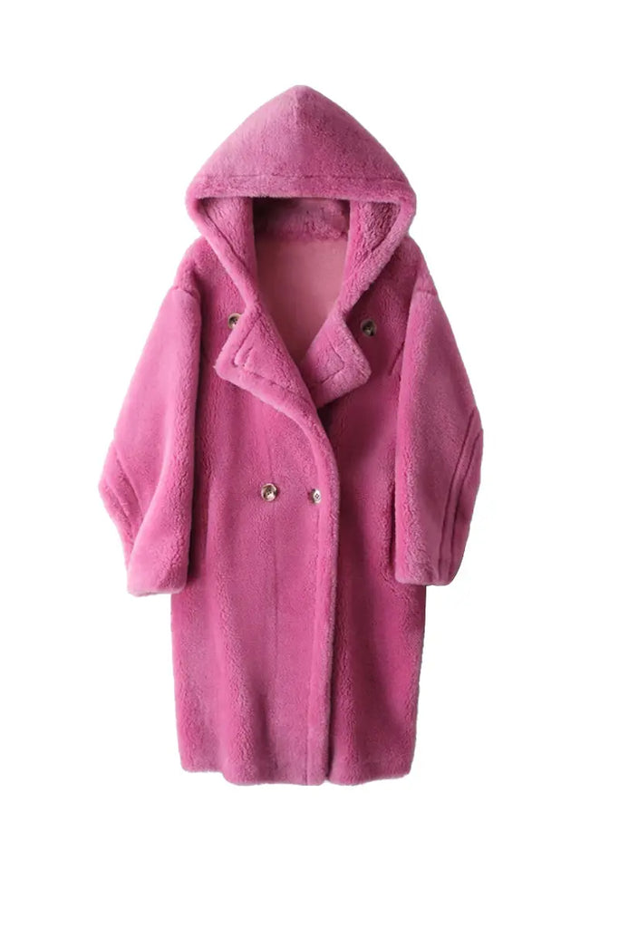 Long Double Breasted Faux Shearling Teddy Coat with Hood - Fibflx