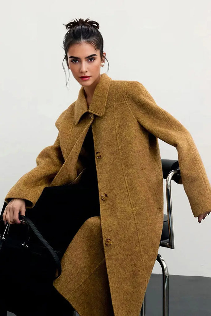 Fibflx Women's Long Double Faced Wool-Blend Coat with Peter Pan Collar