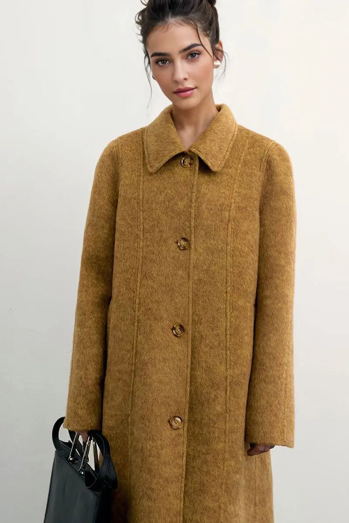 Fibflx Women's Long Double Faced Wool-Blend Coat with Peter Pan Collar