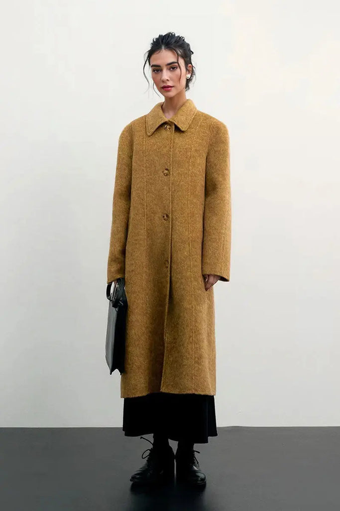 Fibflx Women's Long Double Faced Wool-Blend Coat with Peter Pan Collar