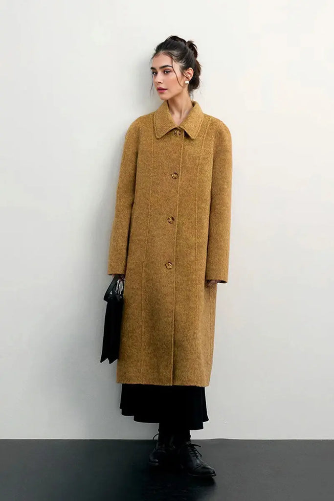 Fibflx Women's Long Double Faced Wool-Blend Coat with Peter Pan Collar