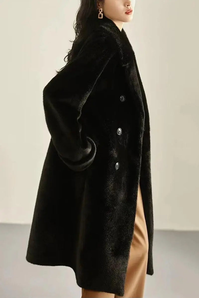 Fibflx Women's Long Double-breasted Pink Faux Fur Coat With Lapel Collar