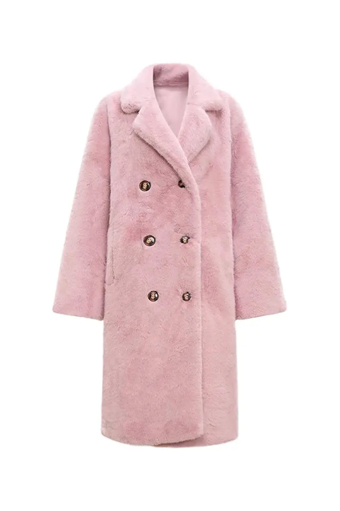 Fibflx Women's Long Double-breasted Pink Faux Fur Coat With Lapel Collar