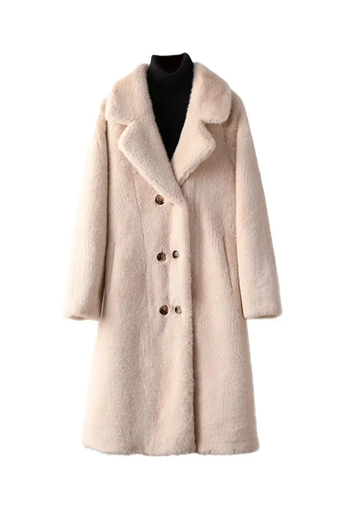 Fibflx Women's Long Double-breasted Pink Faux Fur Coat With Lapel Collar