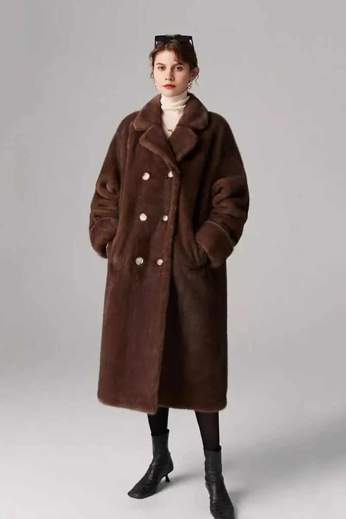 Fibflx Women's Long Double-breasted Pink Faux Fur Coat With Lapel Collar