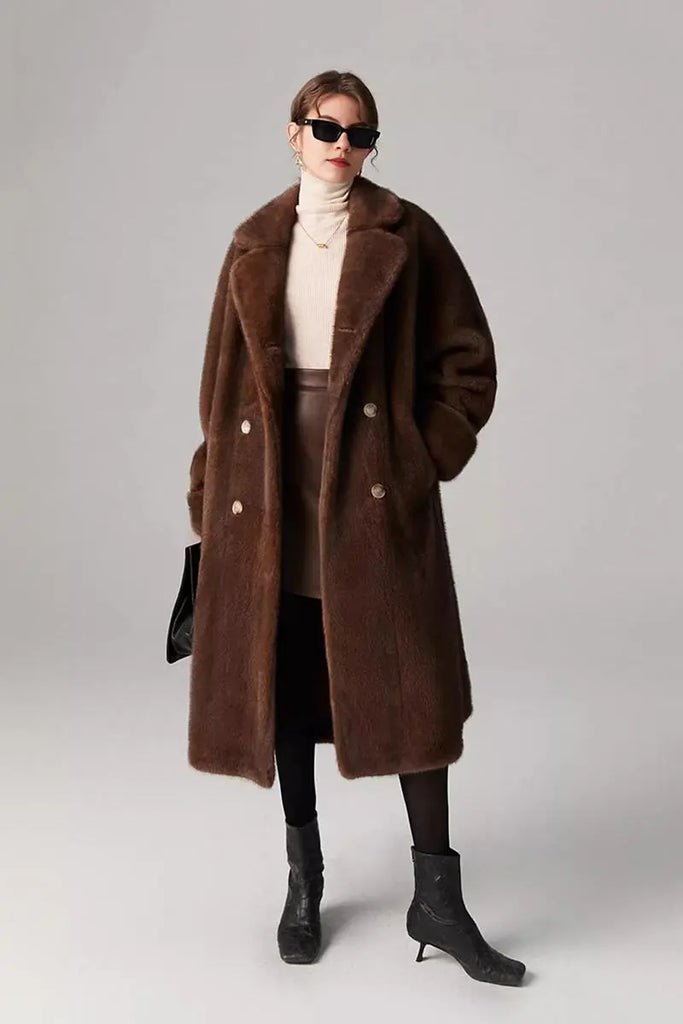 Fibflx Women's Long Double-breasted Pink Faux Fur Coat With Lapel Collar