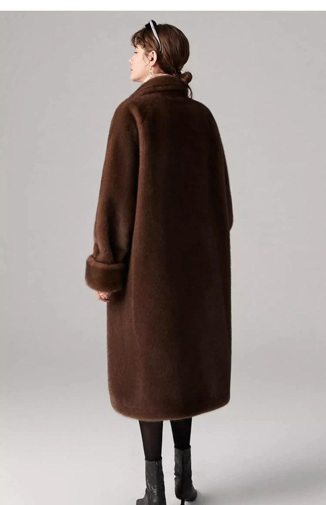 Fibflx Women's Long Double-breasted Pink Faux Fur Coat With Lapel Collar