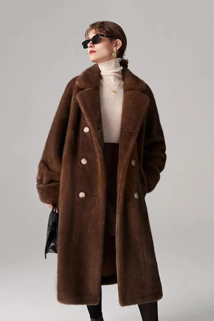 Fibflx Women's Long Double-breasted Pink Faux Fur Coat With Lapel Collar