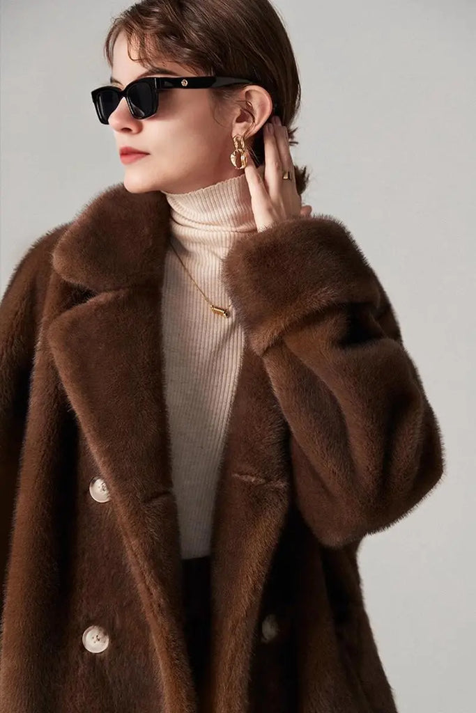 Fibflx Women's Long Double-breasted Pink Faux Fur Coat With Lapel Collar