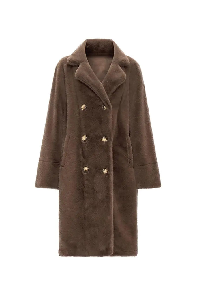 Fibflx Women's Long Double-breasted Pink Faux Fur Coat With Lapel Collar