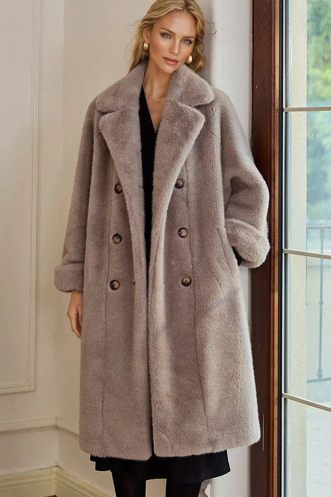 Long Double-breasted Pink Faux Fur Coat With Lapel Collar Fibflx