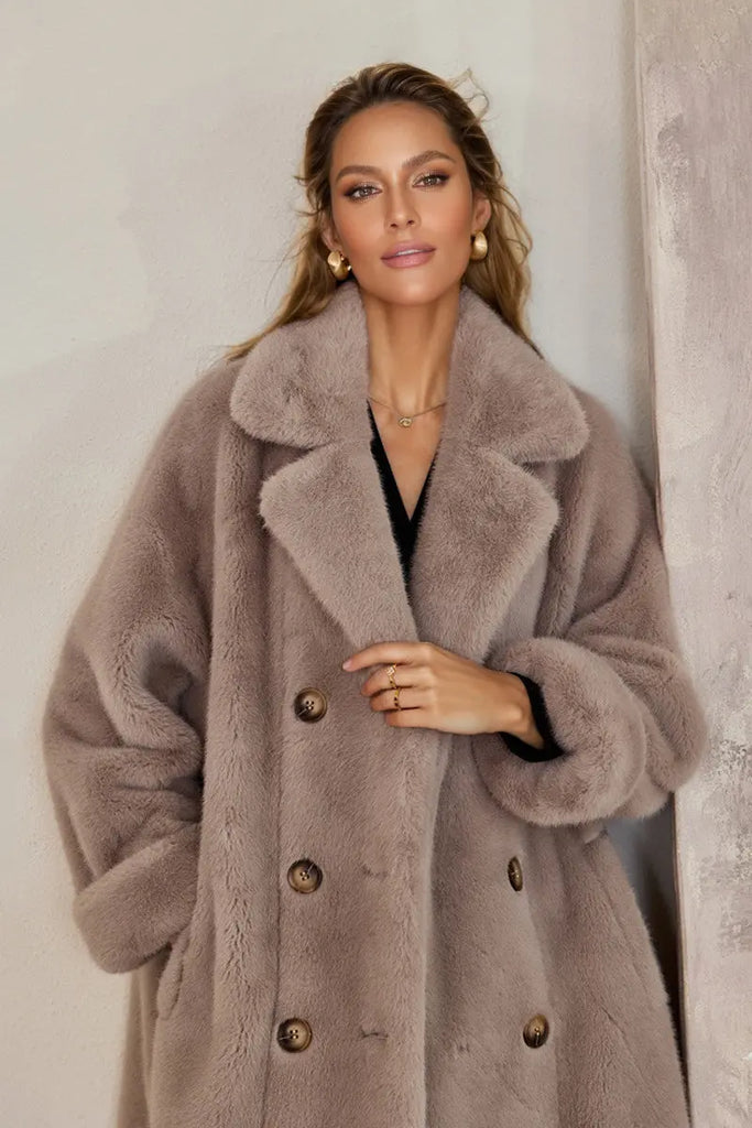 Long Double-breasted Pink Faux Fur Coat With Lapel Collar Fibflx