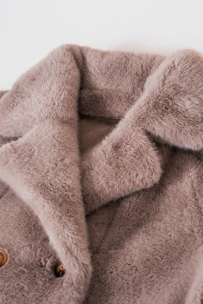 Long Double-breasted Pink Faux Fur Coat With Lapel Collar Fibflx