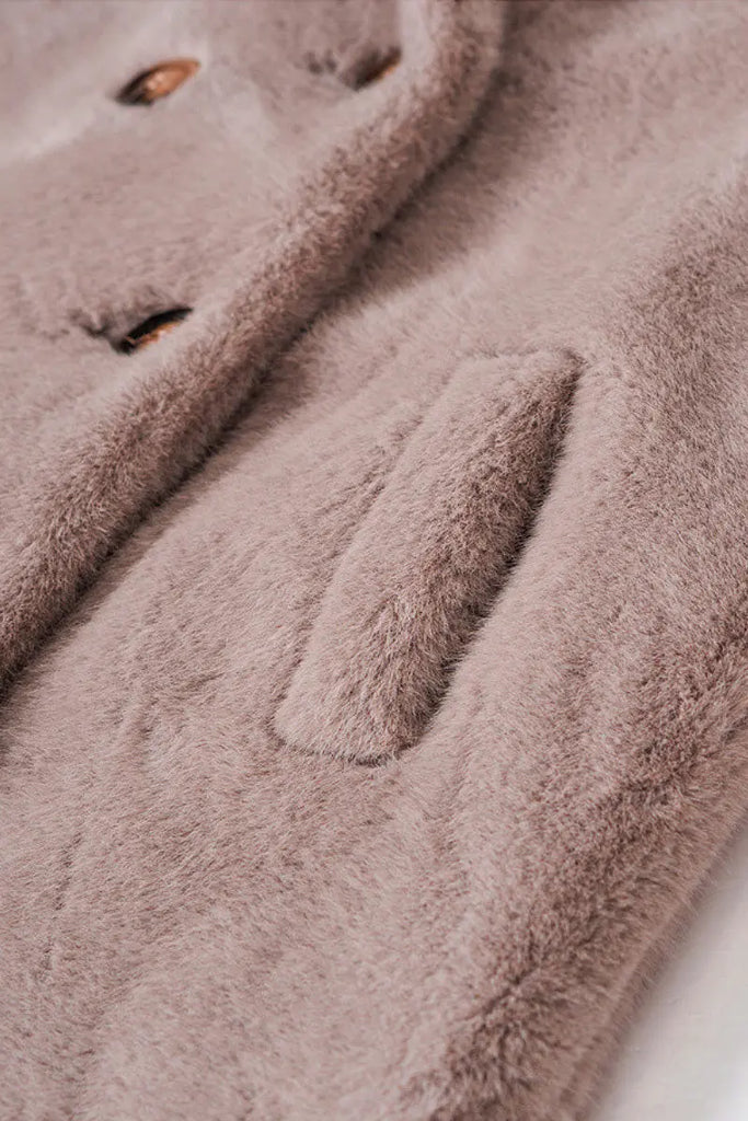 Long Double-breasted Pink Faux Fur Coat With Lapel Collar Fibflx