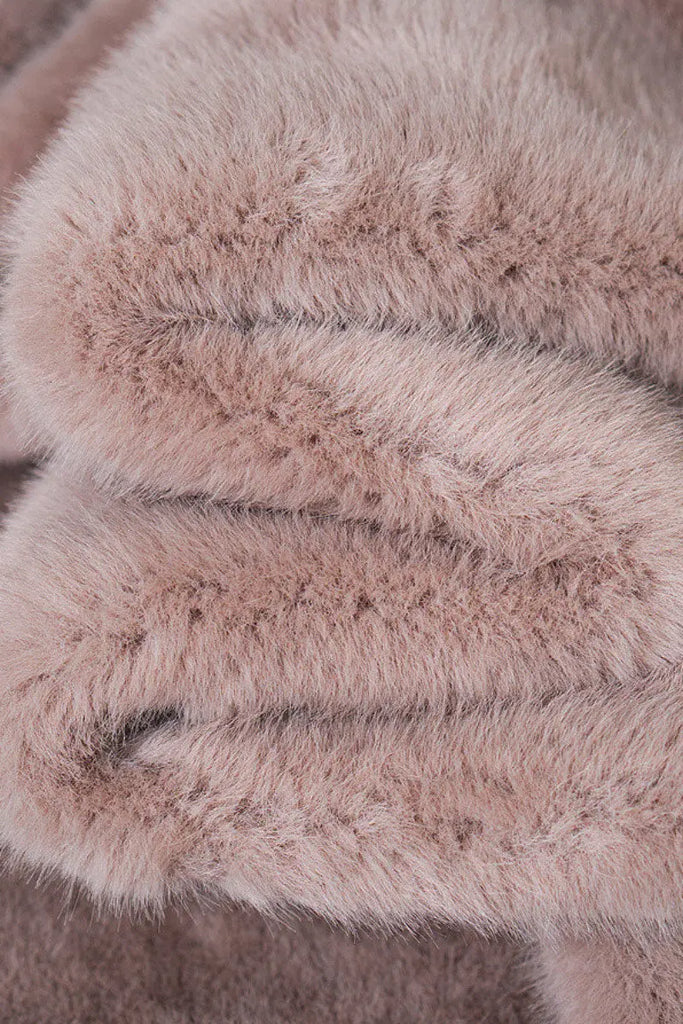 Long Double-breasted Pink Faux Fur Coat With Lapel Collar Fibflx