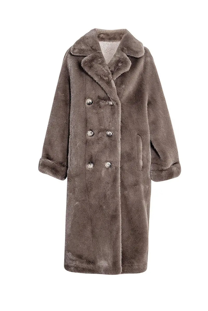 Long Double-breasted Pink Faux Fur Coat With Lapel Collar Fibflx
