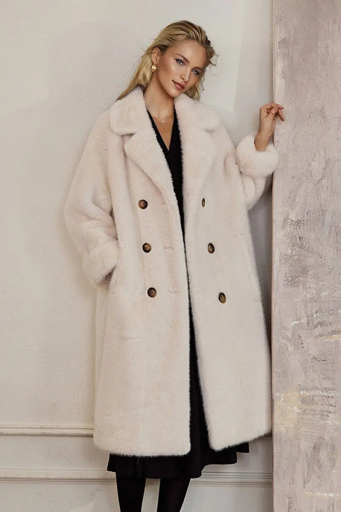 Long Double-breasted Pink Faux Fur Coat With Lapel Collar Fibflx