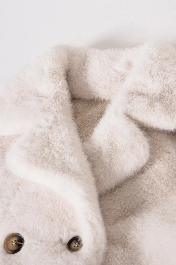 Long Double-breasted Pink Faux Fur Coat With Lapel Collar Fibflx