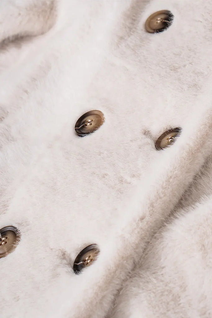 Long Double-breasted Pink Faux Fur Coat With Lapel Collar Fibflx