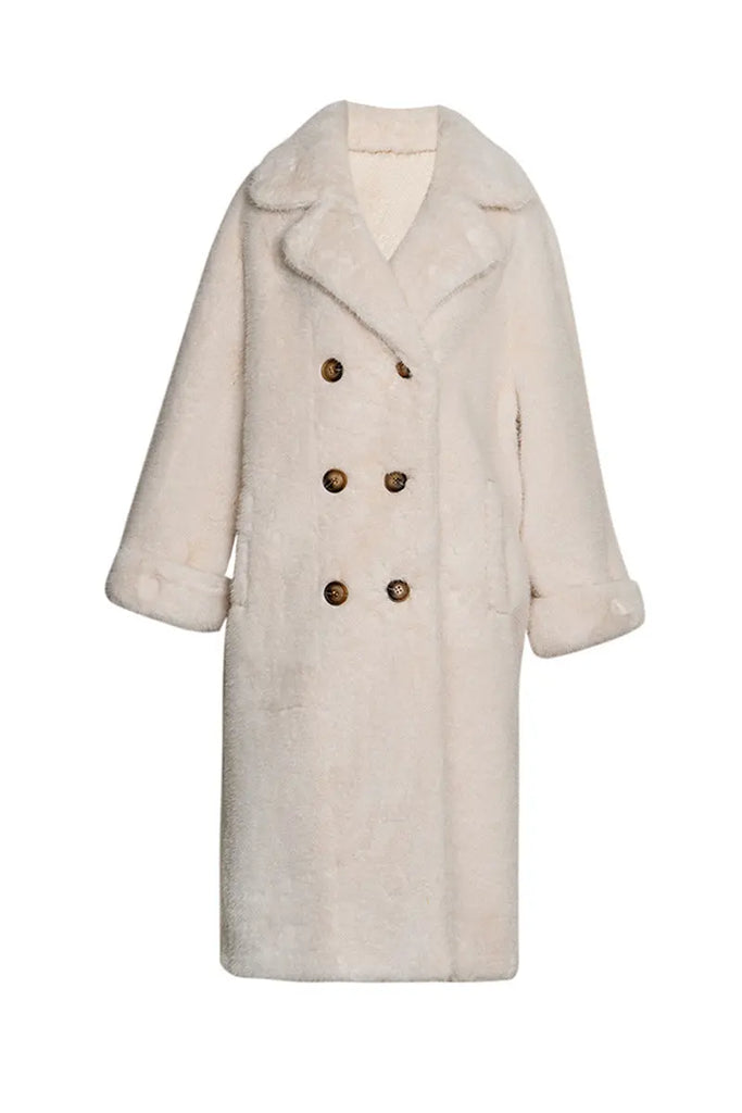 Long Double-breasted Pink Faux Fur Coat With Lapel Collar Fibflx