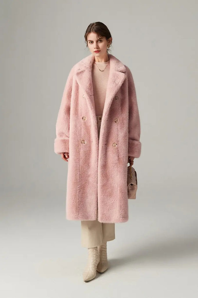 Long Double-breasted Pink Faux Fur Coat With Lapel Collar Fibflx