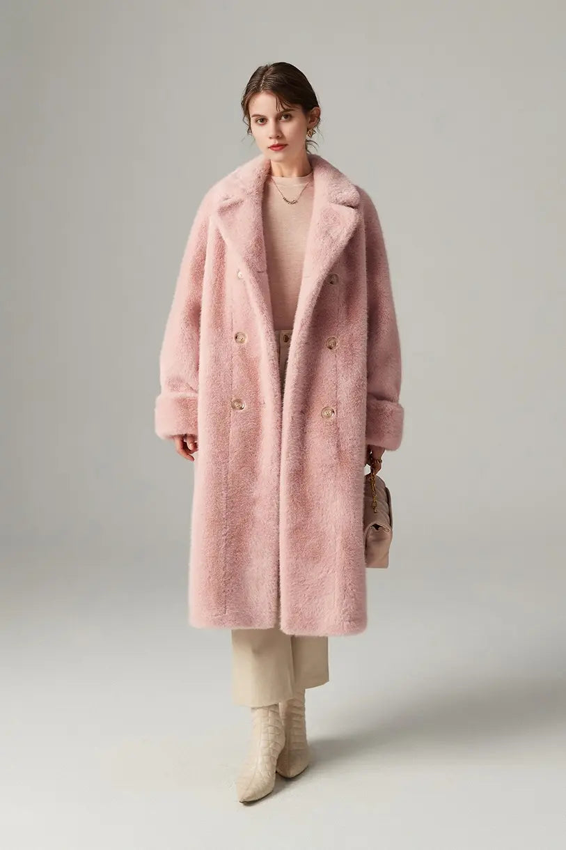 Fibflx Women's Long Double-breasted Pink Faux Fur Coat With Lapel Collar