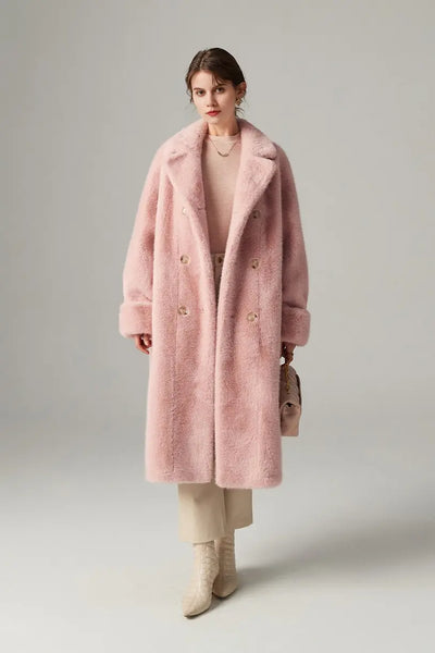 Fibflx Women's Long Double-breasted Pink Faux Fur Coat With Fibflx Women's Long Double-breasted Pink Faux Fur Coat With