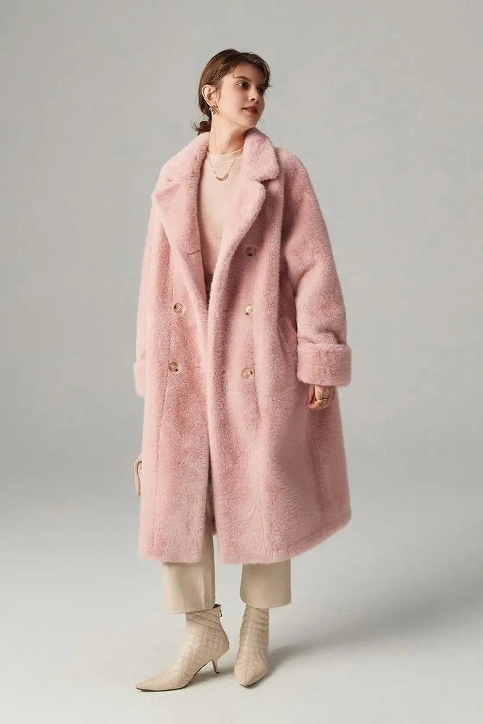 Fibflx Women's Long Double-breasted Pink Faux Fur Coat With Lapel Collar