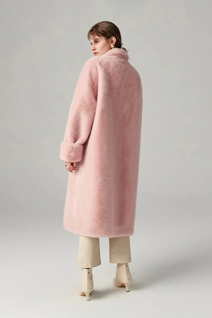 Fibflx Women's Long Double-breasted Pink Faux Fur Coat With Lapel Collar