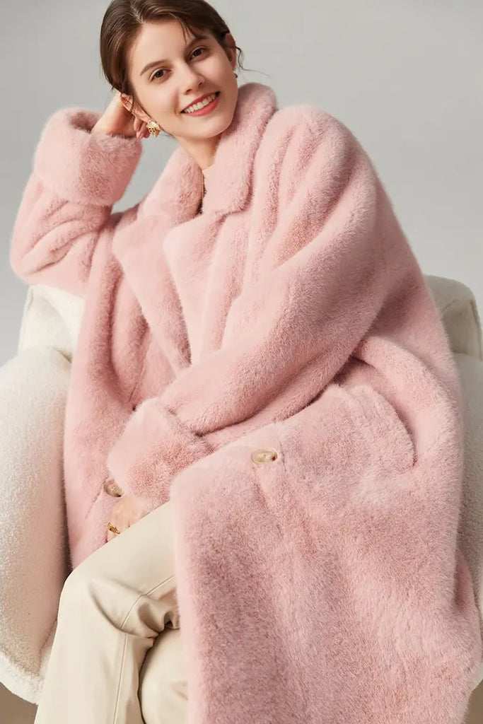 Fibflx Women's Long Double-breasted Pink Faux Fur Coat With Lapel Collar