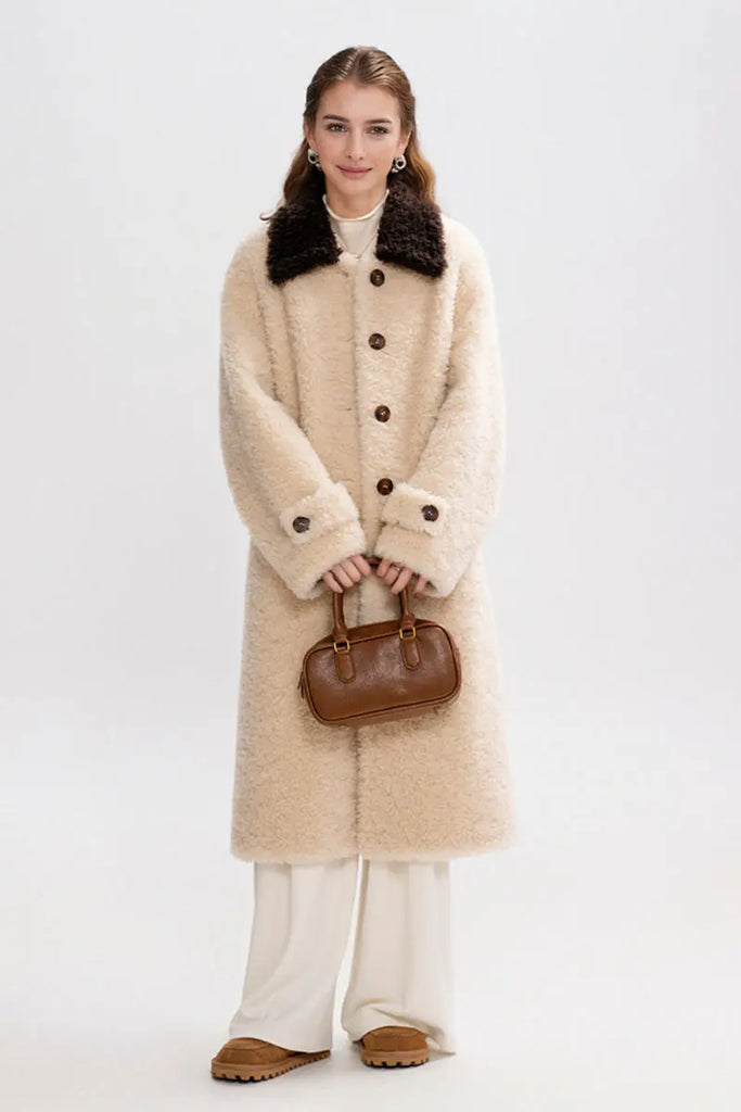 Fibflx Women's Long Faux Shearling Teddy Wool Coat