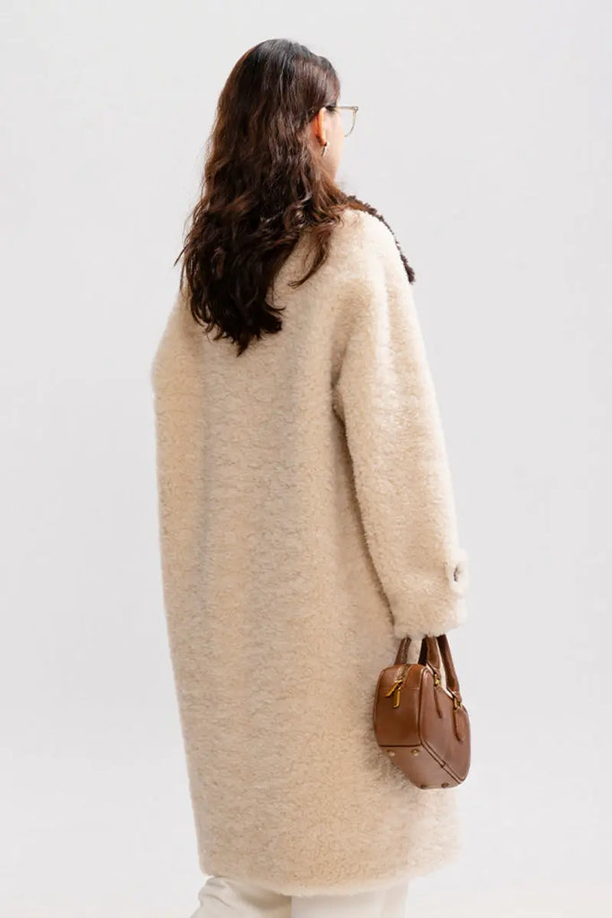 Fibflx Women's Long Faux Shearling Teddy Wool Coat