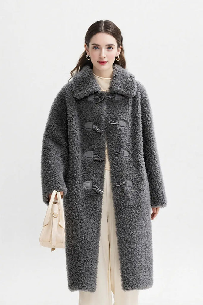 Fibflx Women's Long Faux Shearling Teddy Wool Toggle Coat