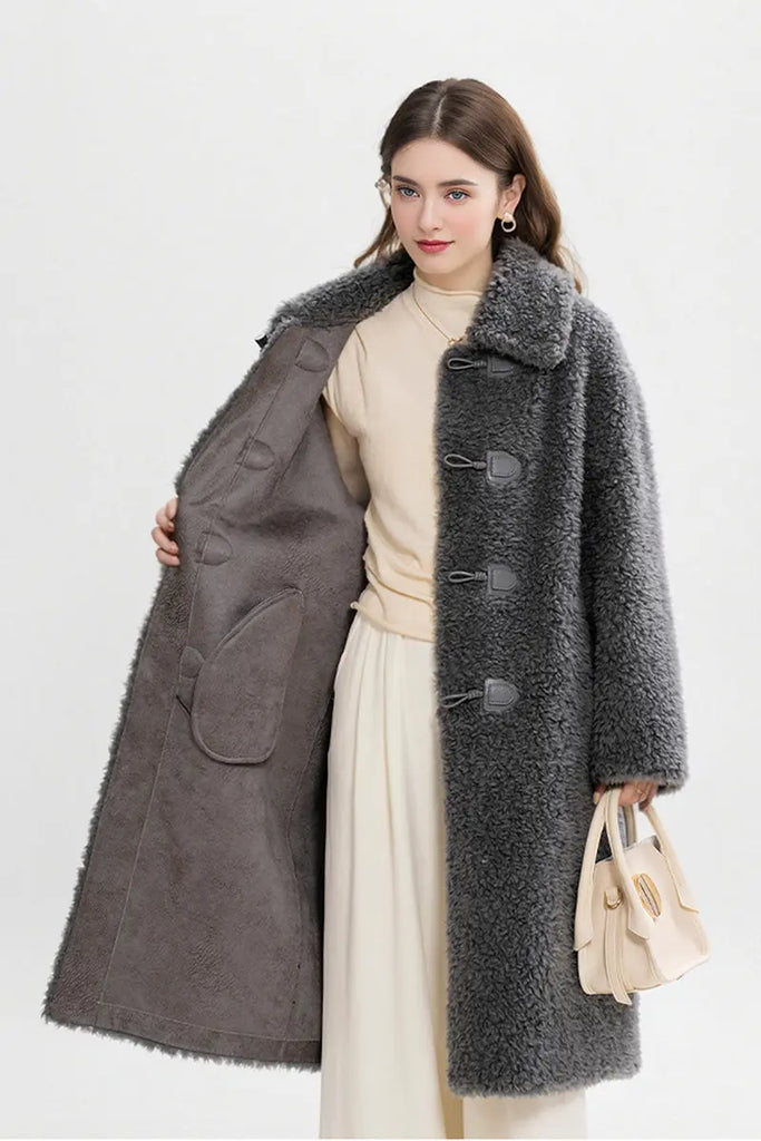 Fibflx Women's Long Faux Shearling Teddy Wool Toggle Coat