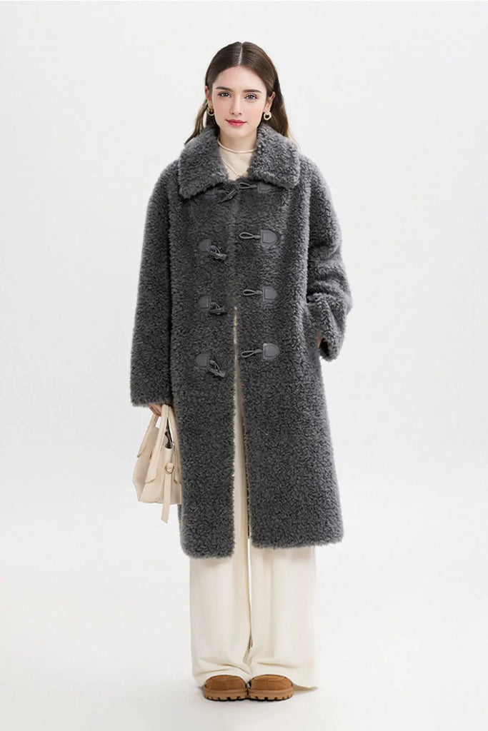 Fibflx Women's Long Faux Shearling Teddy Wool Toggle Coat