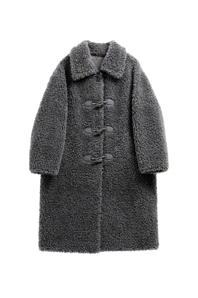 Fibflx Women's Long Faux Shearling Teddy Wool Toggle Coat