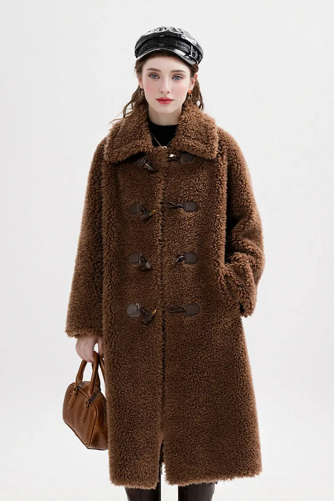 Fibflx Women's Long Faux Shearling Teddy Wool Toggle Coat