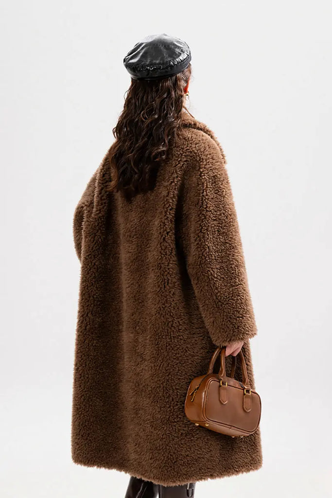 Fibflx Women's Long Faux Shearling Teddy Wool Toggle Coat