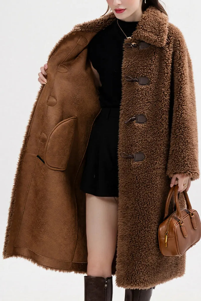 Fibflx Women's Long Faux Shearling Teddy Wool Toggle Coat