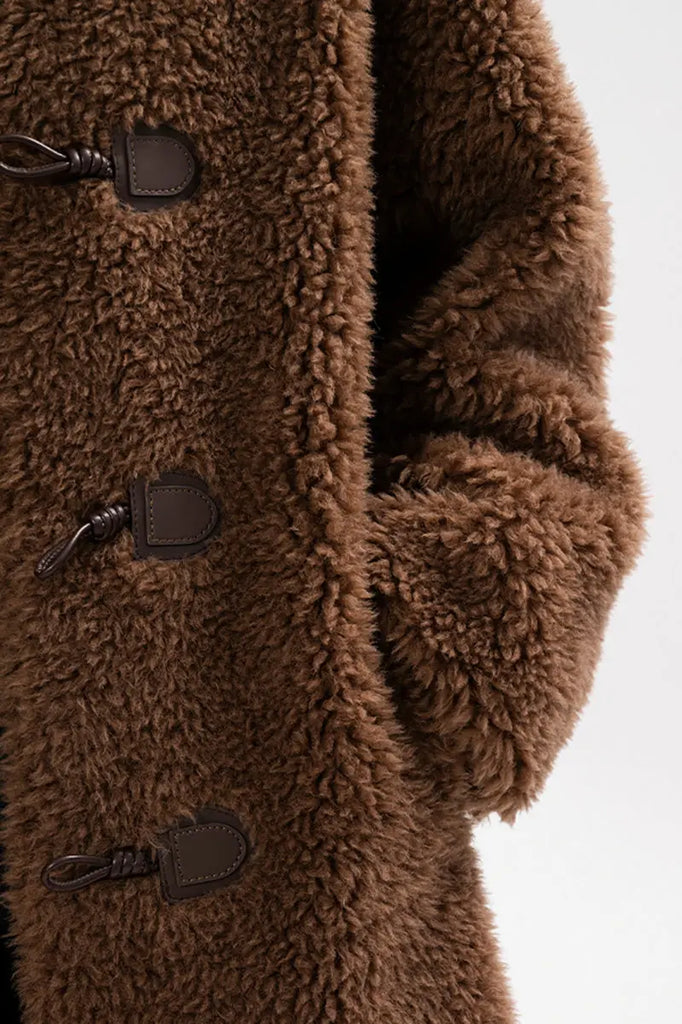 Fibflx Women's Long Faux Shearling Teddy Wool Toggle Coat