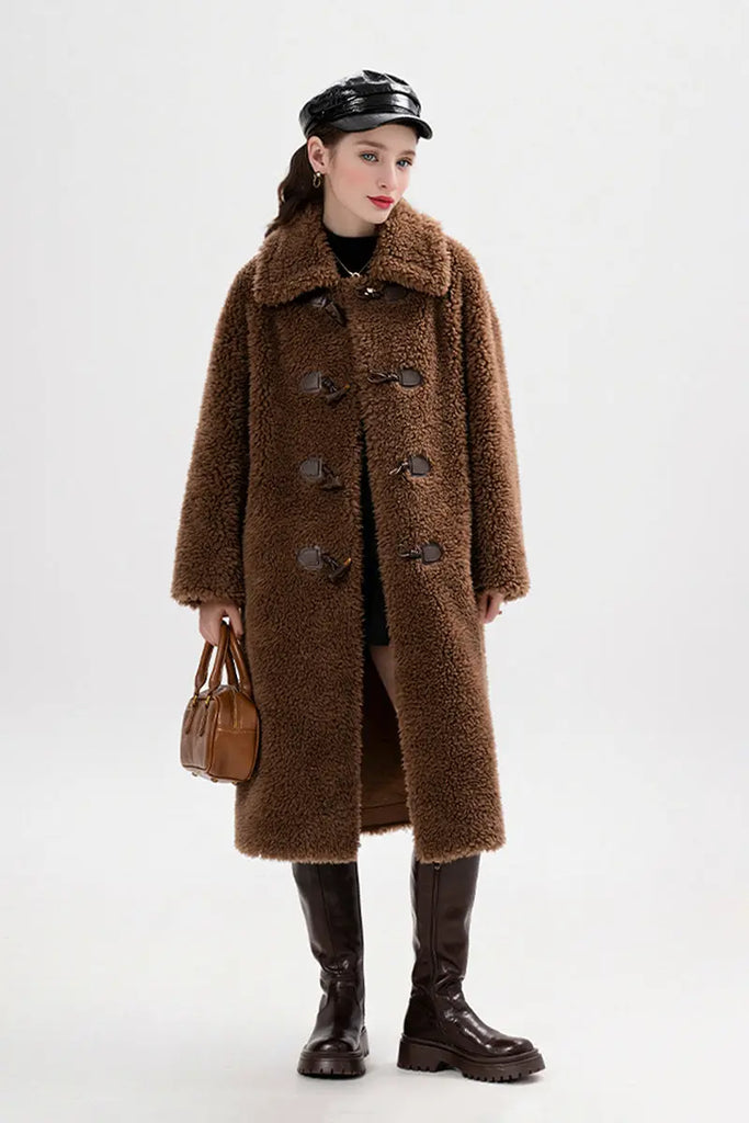 Fibflx Women's Long Faux Shearling Teddy Wool Toggle Coat