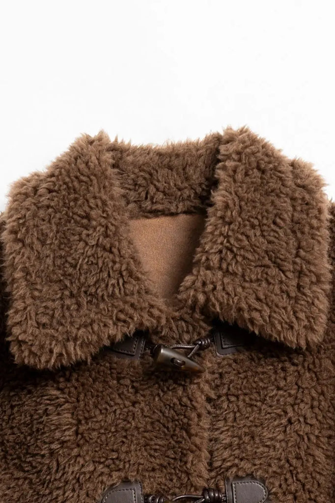 Fibflx Women's Long Faux Shearling Teddy Wool Toggle Coat