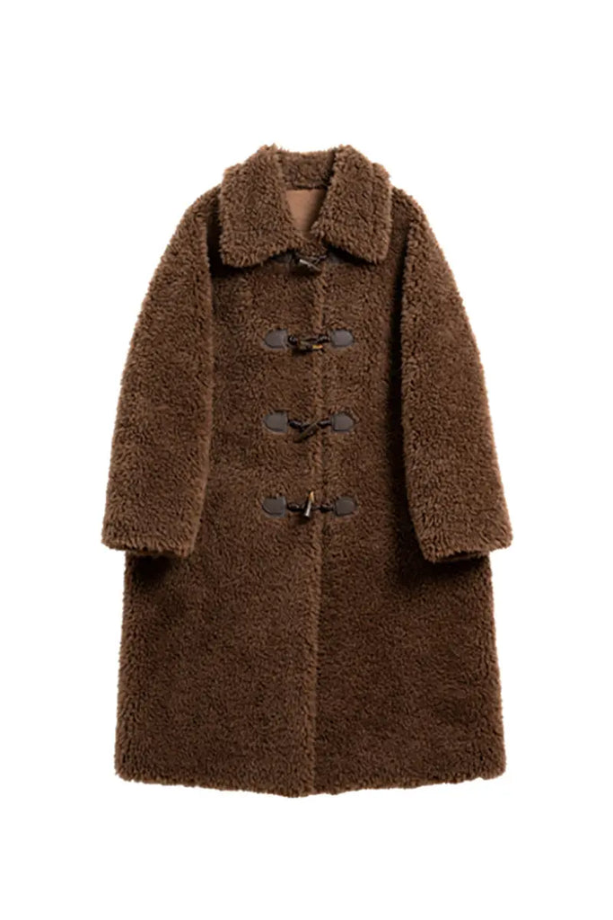 Fibflx Women's Long Faux Shearling Teddy Wool Toggle Coat