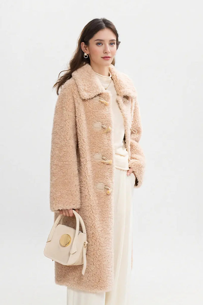 Fibflx Women's Long Faux Shearling Teddy Wool Toggle Coat