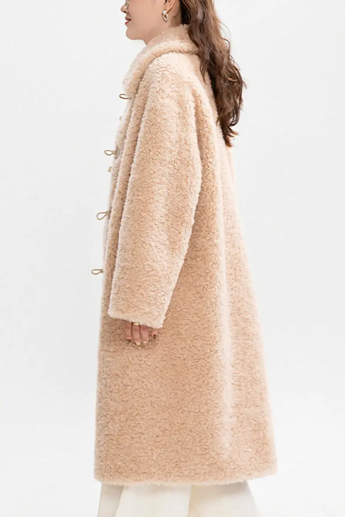 Fibflx Women's Long Faux Shearling Teddy Wool Toggle Coat